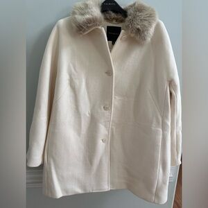 NWT Talbots Double Face Wool Hooded Removable Fur Trim Long Coat Cream $299
